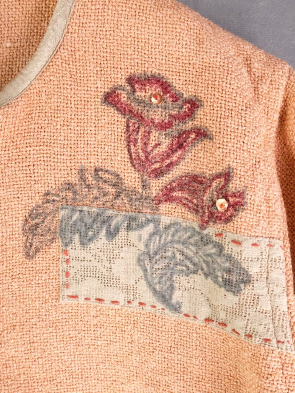 Vintage Sweater Womens Medium Pink Patch Boucle Carpet Button Up Cottage 90s - Picture 2 of 7